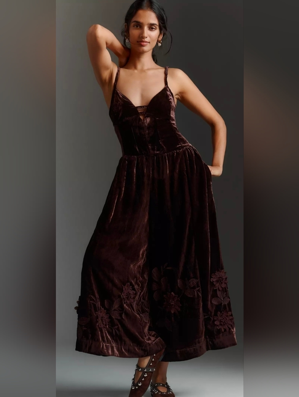 Anthropologie Dark Brown Velvet Jumpsuit with 3D Floral Appliqué